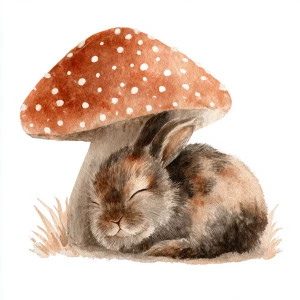 Fluffy rabbit sleeping peacefully under spotted mushroom, waterc...