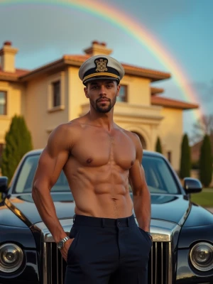 Bare-chested chauffeur posing in front of an opulent mansion, wi...