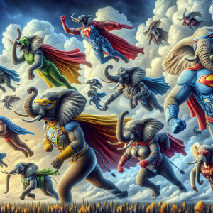 Elephants wearing superhero costumes and doing superhero things,...