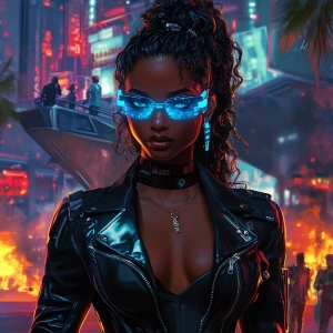 A futuristic female character with dark skin, styled in volumino...
