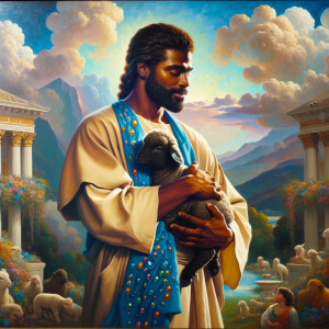 Oil painting of an African-American man resembling Jesus Christ,...