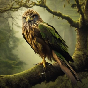 In a secluded forest clearing, a wild grungy harpy perches on a gnarled tree branch, her tangled feathers a mix of earth tones and mossy greens. With piercing golden eyes and a beak sharp as a dagger, she exudes an air of untamed beauty and danger. The image is a striking photograph, capturing every gritty detail with exquisite clarity and depth. Each feather and claw is rendered with stunning realism, further enhancing the raw power and mystery of this mythical creature. The viewer is irresistibly drawn into the enchanting world of the harpy, where nature's primal essence reigns supreme.