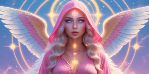 A celestial divine feminine figure with glowing blue eyes, weari...