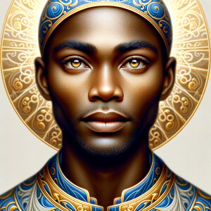 Create a beautiful African-American Jesus Christ with Hazel, brown eyes and blue and gold robe