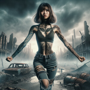 Thin Asian teen girl wearing tight jeans and a halter top Long brown hair and bangs, tattoos on her arms, athletic heroic pose