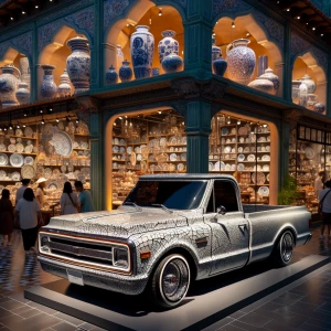 Envision a lowrider truck crafted from cracked porcelain, its su...