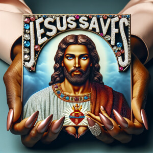 A 3D realistic artwork featuring the phrase 'Jesus Saves' adorne...