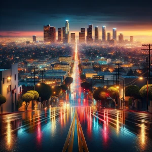 Create an image of Los Angeles in the evening after a rainfall,...