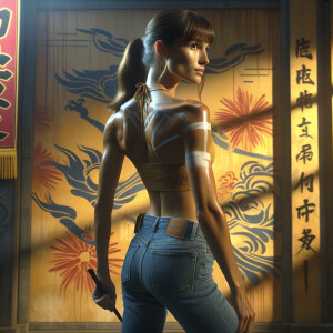 Athletic Thin skinny Attractive, Asian teenage girl, long brown hair and bangs, wearing tight skinny jeans and a halter top paint marks on her clothing, heroic pose Asian graffiti background, backside view