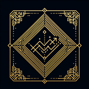 Black background with intricate golden lines forming a square, i...