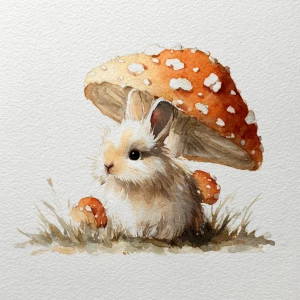 Small fluffy rabbit under large spotted mushroom, delicate water...