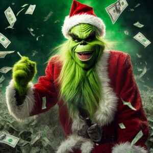 impeccably detailed macabre grinch wearing a tattered santa suit...