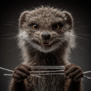 A anthropomorphic mongoose with a wild, crazy smile and intense...