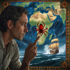 A focused american arachnologist examining an expansive map of S...