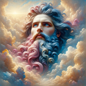 Create a 3-D realistic oil, painting Jesus Christ coming in the blue, gold, pink and white clouds with great power and glory up close, tears rolling down his face,