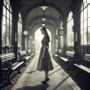 A young woman standing in an old train station, her vintage dres...