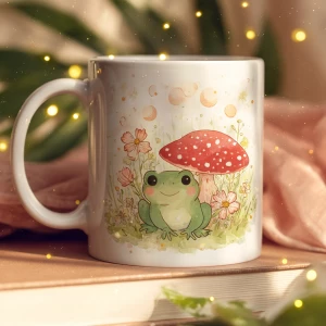 Cute pastel cottagecore mug design illustration of a small green...