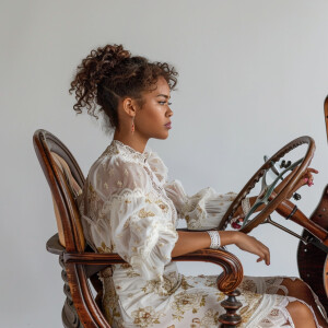 A cute Blasian woman sitting in a wooden chair
Brown ponytail...