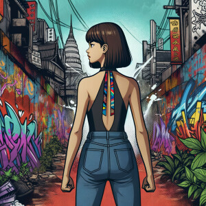 Attractive, Asian teenage girl, long brown hair and bangs, wearing tight skinny jeans and a halter top paint marks on her clothing, backside view heroic pose Asian graffiti