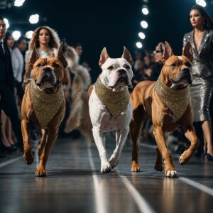Pitbull dogs confidently strutting down a runway in a glamorous...