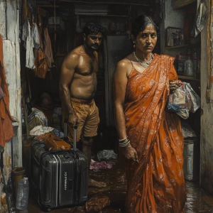 Painting hyperrealistic style,a 54-year-old Gujarati housemaid w...