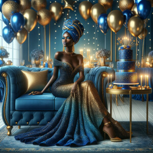 Create a 3-D realistic, African-American woman, she is seated on a luxurious blue couch. She is dressed in a splendid blue and gold gown, with the fabric shimmering like a starlit night sky. Her outfit is complemented by gold earrings and a chic blue and gold head wrap crowning her head with elegance. Beside her, a beautifully decorated birthday cake adorned with blue and gold icing, stands on a small table, with candles waiting to be wished upon. In the air, blue and gold balloons catch the light, adding a touch of magic. The room itself is a harmony of celebration, with hints of gold accents against blue decor, creating an atmosphere of joyous celebration.