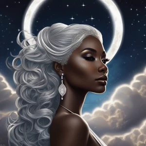 A ethereally luminous moon Goddess, her Nigerian color and figure outlined against the backdrop of a star-studded night sky. This breathtaking portrait photograph captures her graceful silhouette in profile, with flowing silver hair cascading down her back. The celestial body's serene expression exudes wisdom and power, while her eyes seem to hold secrets of the universe. The image is expertly composed, with a soft, celestial glow that highlights her otherworldly beauty. Truly a masterpiece of celestial photography. In the half earth and half metallic world of this alternate dimension, known as Xironia, the sky is a dazzling display of dual suns, casting a mesmerizing glow upon the landscape of gleaming silver and shimmering gold. The inhabitants of Xironia have adapted to the vibrant hues of the twin suns, their metallic bodies reflecting and refracting the intense light in a symphony of colors. As the two suns move gracefully across the sky, their light dances upon the intricate architecture of the cities, turning them into radiant beacons of technology and innovation. Life on Xironia revolves around the dual suns, their presence shaping the very essence of this exotic world and fueling the fires of creativity and ambition in its denizens. Explore the wonders of Xironia, where the brilliance of two suns illuminates a landscape of mystery and marvels beyond imagination.