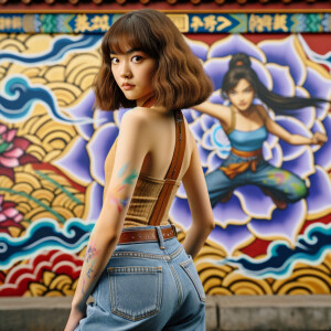 Attractive, Asian teenage girl, long brown hair and bangs, wearing tight skinny jeans and a halter top paint marks on her clothing, backside view heroic pose Asian graffiti