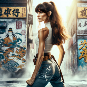 Athletic Thin skinny Attractive, Asian teenage girl, long brown hair and bangs, wearing tight skinny jeans and a halter top paint marks on her clothing, heroic pose Asian graffiti background, backside view