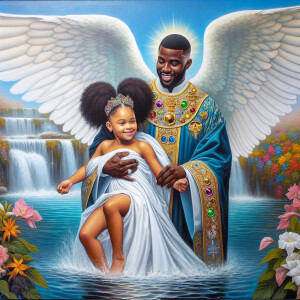 An oil painting depicting a large African-American angel with wi...