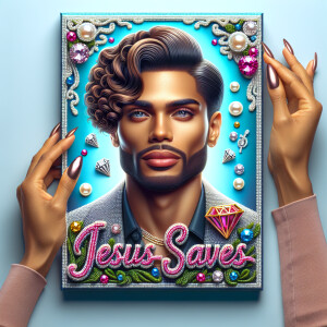 A 3D realistic artwork featuring the phrase 'Jesus Saves' adorne...