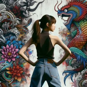 Attractive, Asian teenage girl, long brown hair and bangs, wearing tight skinny jeans and a halter top paint marks on her clothing, backside view heroic pose Asian graffiti