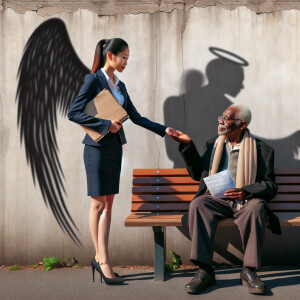 a woman working in a business suit, gives alms to an aging citiz...