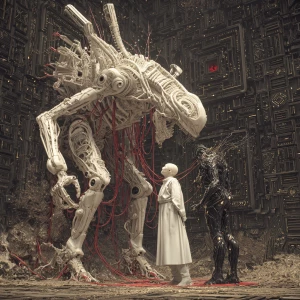 Photorealistic lucid nightmare Grimdark horror fantasy. A white...