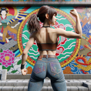 Athletic Thin skinny Attractive, Asian teenage girl, long brown hair and bangs, wearing tight skinny jeans and a halter top paint marks on her clothing, heroic pose Asian graffiti background, backside view