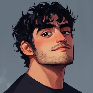 Cute man with black curly hair, short hair, thick eyebrows and a...