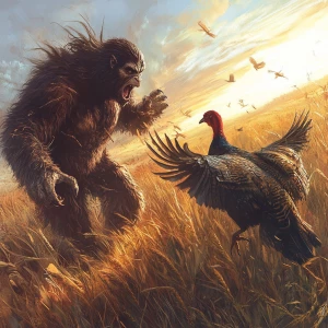 An enraged sasquatch with thick hair, depicted in humanoid form,...