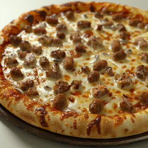 generate a hyper realistic 3D image of a very cheesy juicy sausa...