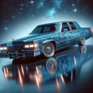 1992 Cadillac Fleetwood with blue metallic paisley print reflect...