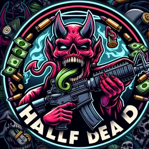 Create a professional, horror-themed circular brand logo featuri...