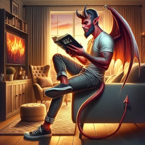 A digital airbrushed illustration of a beautiful Demon , sitting...
