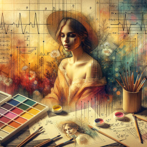 Abstract, minimalist, painting, with pencil line, paint, testers, colorful marks, mathematical equations, electrical cardiogram, printouts complex, math formulas