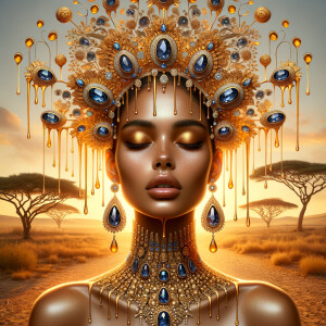 A digital illustration of a Latina woman's portrait with a luxur...