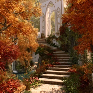 Autumn Garden Stairway with Tower
	•	Setting: A fantastical autu...