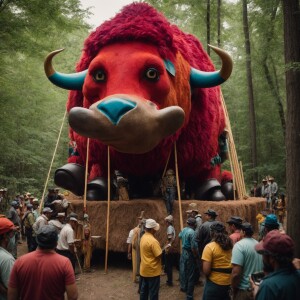 A crew of people operating a puppet parade inside a life-sized b...