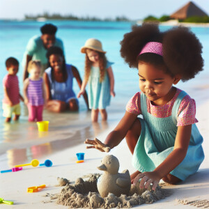 an american cute girl creating Donald Duck using sand on a clear...