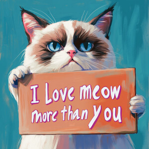 A sassy-looking grumpy cat holding a colorful sign with the hand...