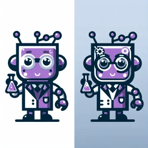 purple robot with scientist robot