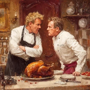 Chef Gordon Ramsey arguing with Chef Boyardee in a kitchen with...
