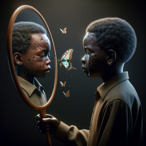 Create a 3-D realistic, adult african-American, female and male looking at themselves in the mirror but the child them has scars dirty crying and sad, with a falling butterfly